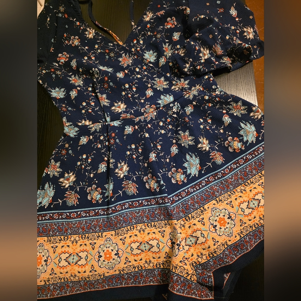Charlotte Russe Floral Romper - Navy and Orange/Yellow